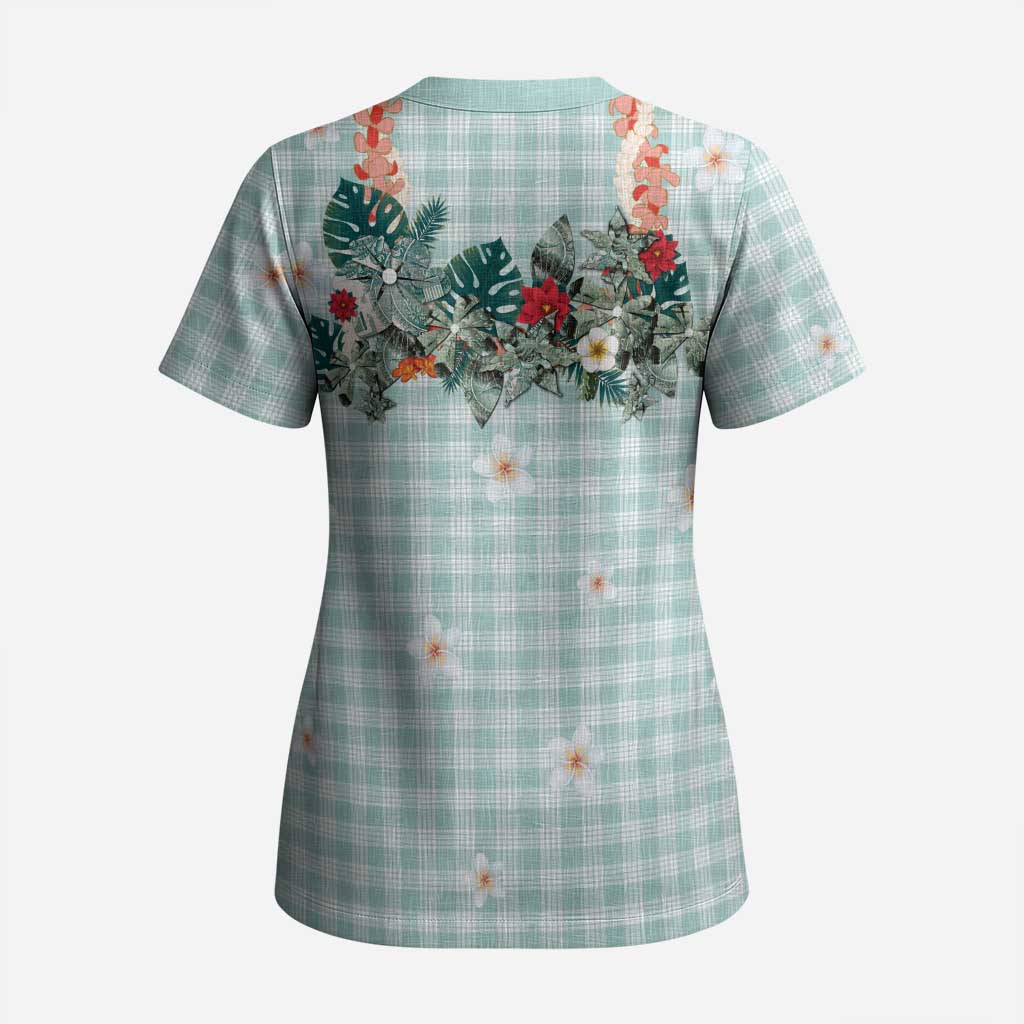 Turquoise Hawaiian Palaka Scrub Top Kukui Nut Money Lei - Polynesian Pride