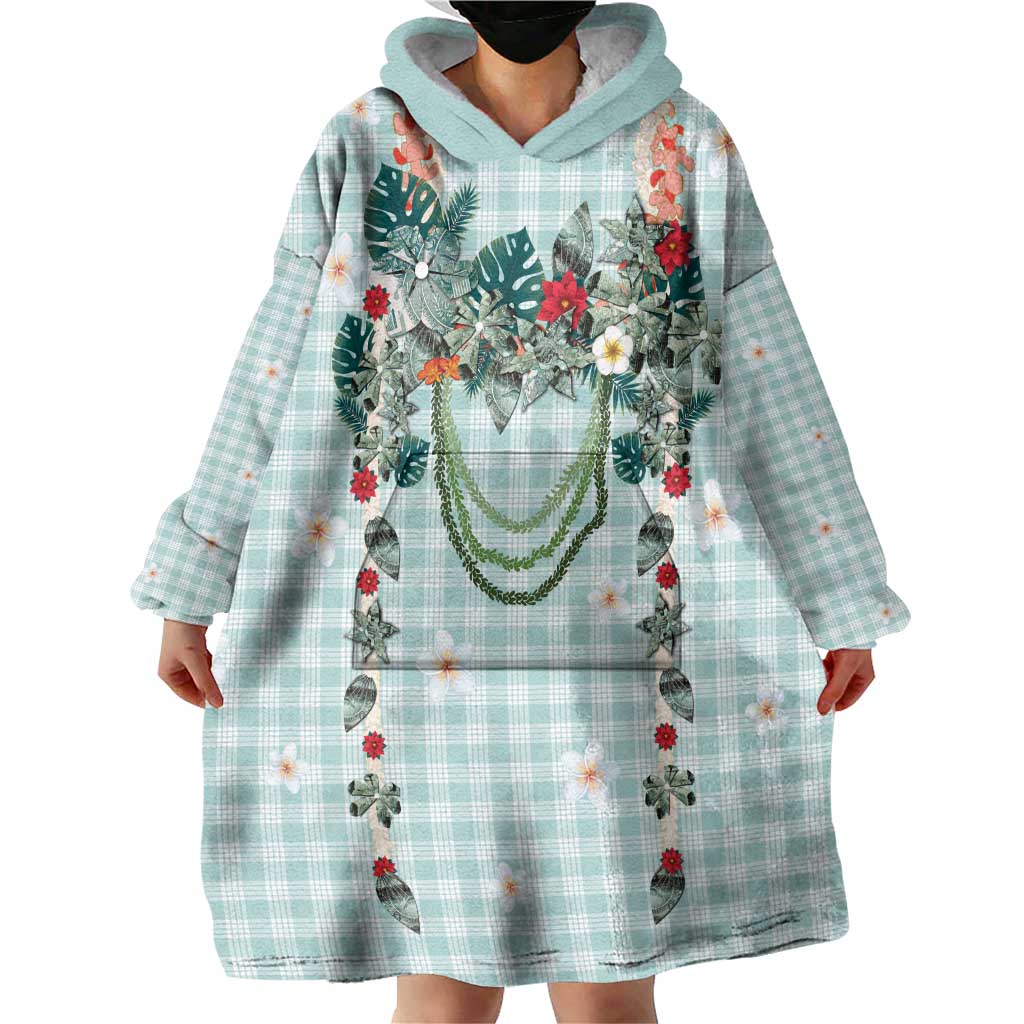 Turquoise Hawaiian Palaka Wearable Blanket Hoodie Kukui Nut Money Lei - Polynesian Pride