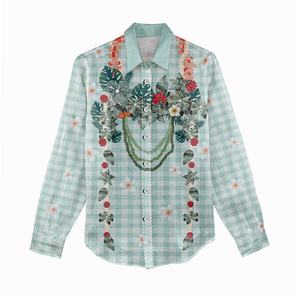 Turquoise Hawaiian Palaka Women Casual Shirt Kukui Nut Money Lei - Polynesian Pride