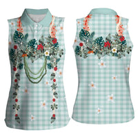 Turquoise Hawaiian Palaka Women Sleeveless Polo Shirt Kukui Nut Money Lei - Polynesian Pride