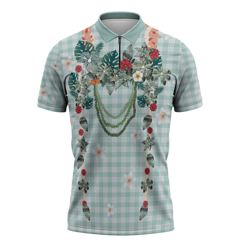 Turquoise Hawaiian Palaka Zipper Polo Shirt Kukui Nut Money Lei - Polynesian Pride