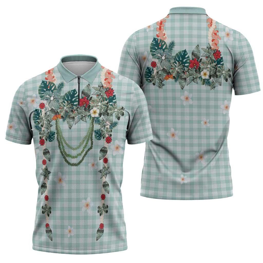 Turquoise Hawaiian Palaka Zipper Polo Shirt Kukui Nut Money Lei - Polynesian Pride