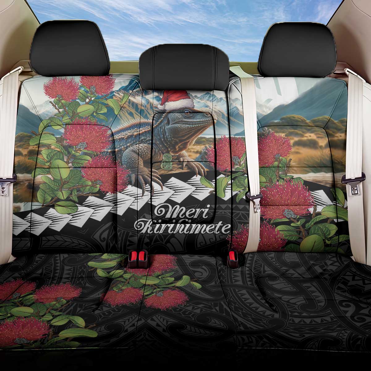 Meri Kirihimete Tuatara Back Car Seat Cover New Zealand Fern with Puhutukawa Flowers