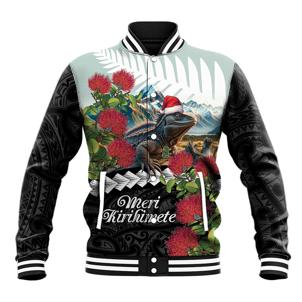 Meri Kirihimete Tuatara Baseball Jacket New Zealand Fern with Puhutukawa Flowers LT9 Unisex Green - Polynesian Pride
