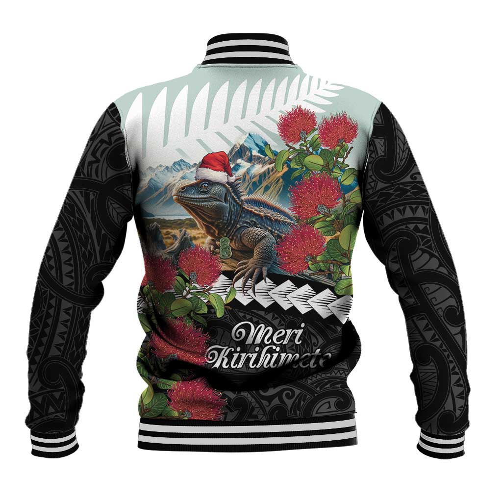 Meri Kirihimete Tuatara Baseball Jacket New Zealand Fern with Puhutukawa Flowers LT9 - Polynesian Pride