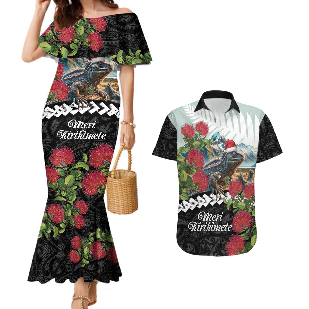 Meri Kirihimete Tuatara Couples Matching Mermaid Dress and Hawaiian Shirt New Zealand Fern with Puhutukawa Flowers LT9 Green - Polynesian Pride
