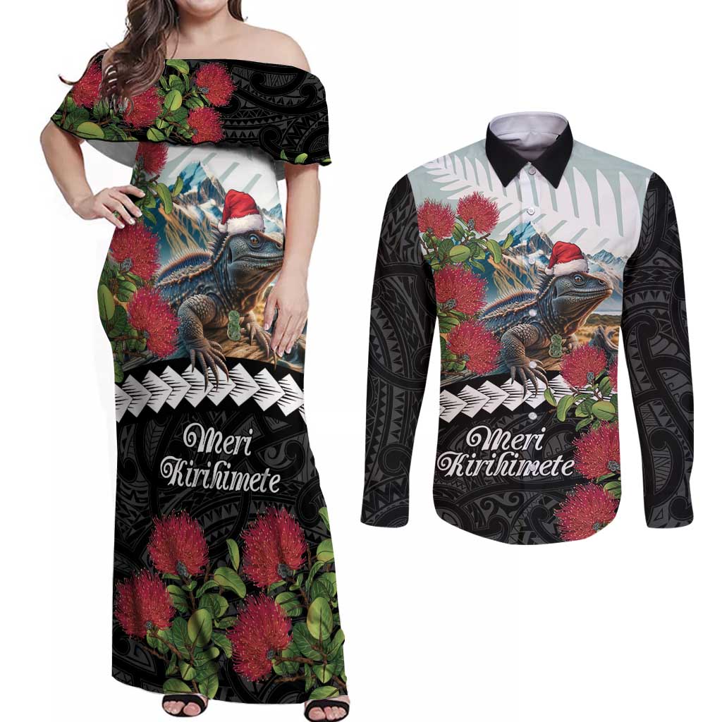 Meri Kirihimete Tuatara Couples Matching Off Shoulder Maxi Dress and Long Sleeve Button Shirt New Zealand Fern with Puhutukawa Flowers LT9 Green - Polynesian Pride