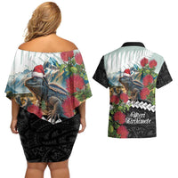 Meri Kirihimete Tuatara Couples Matching Off Shoulder Short Dress and Hawaiian Shirt New Zealand Fern with Puhutukawa Flowers LT9 - Polynesian Pride