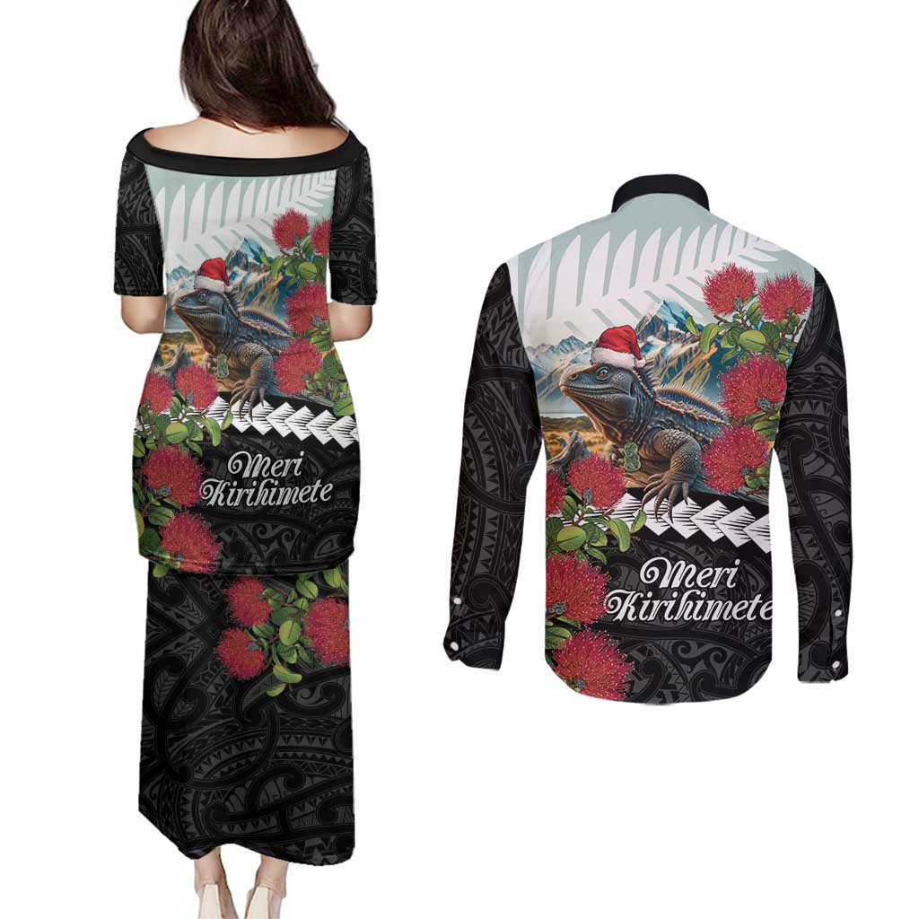 Meri Kirihimete Tuatara Couples Matching Puletasi and Long Sleeve Button Shirt New Zealand Fern with Puhutukawa Flowers LT9 - Polynesian Pride