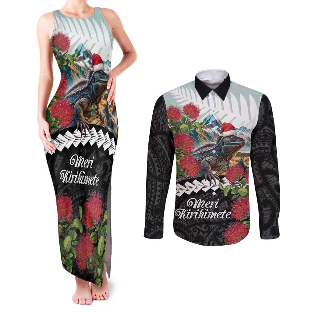 Meri Kirihimete Tuatara Couples Matching Tank Maxi Dress and Long Sleeve Button Shirt New Zealand Fern with Puhutukawa Flowers LT9 Green - Polynesian Pride