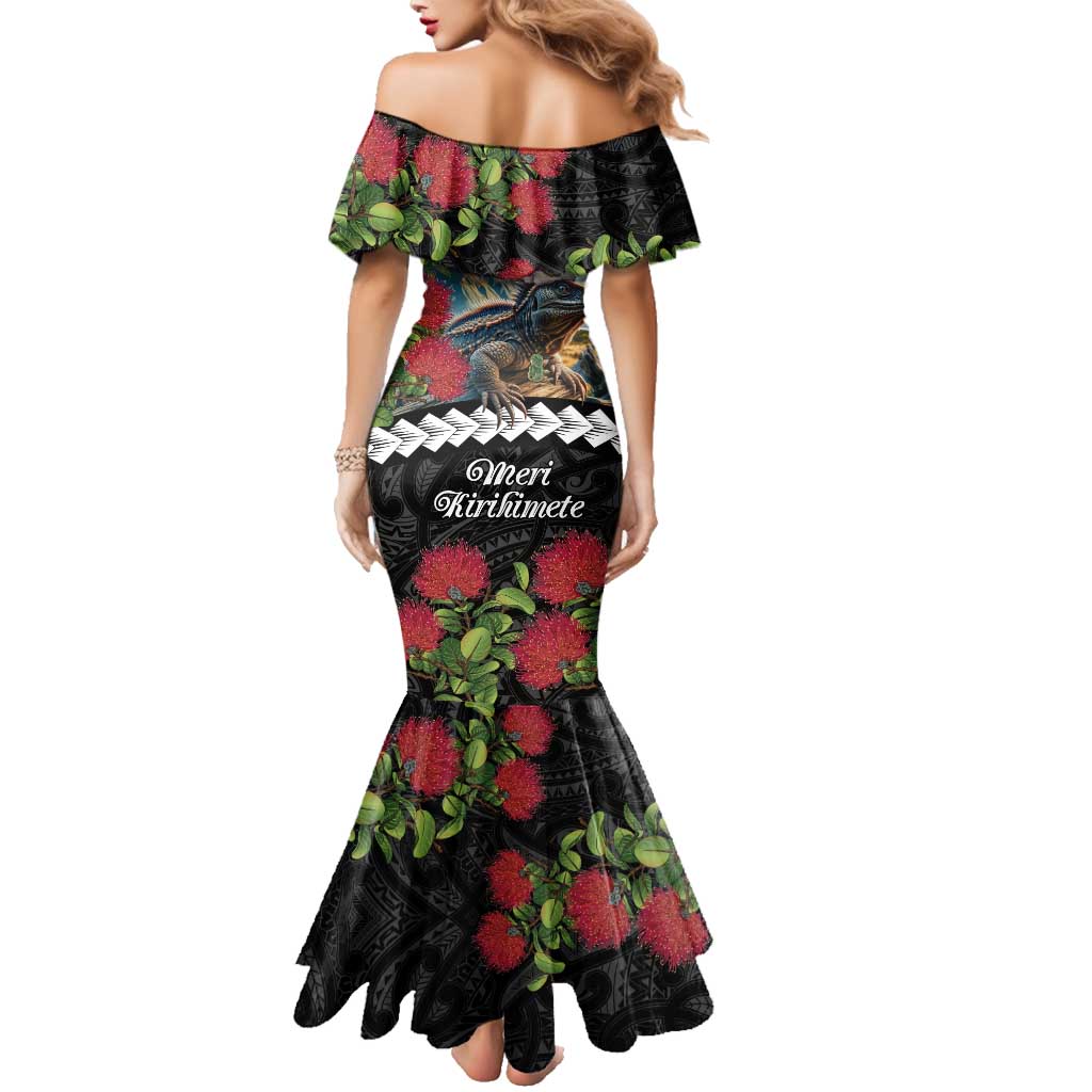 Meri Kirihimete Tuatara Family Matching Mermaid Dress and Hawaiian Shirt New Zealand Fern with Puhutukawa Flowers LT9 - Polynesian Pride