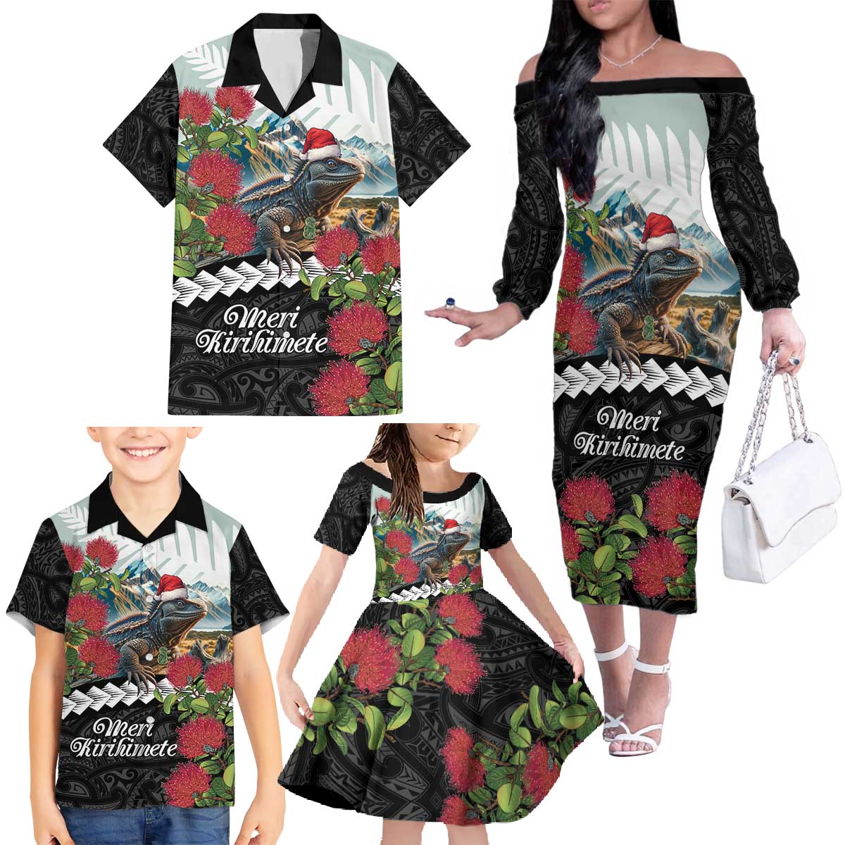 Meri Kirihimete Tuatara Family Matching Off The Shoulder Long Sleeve Dress and Hawaiian Shirt New Zealand Fern with Puhutukawa Flowers LT9 - Polynesian Pride