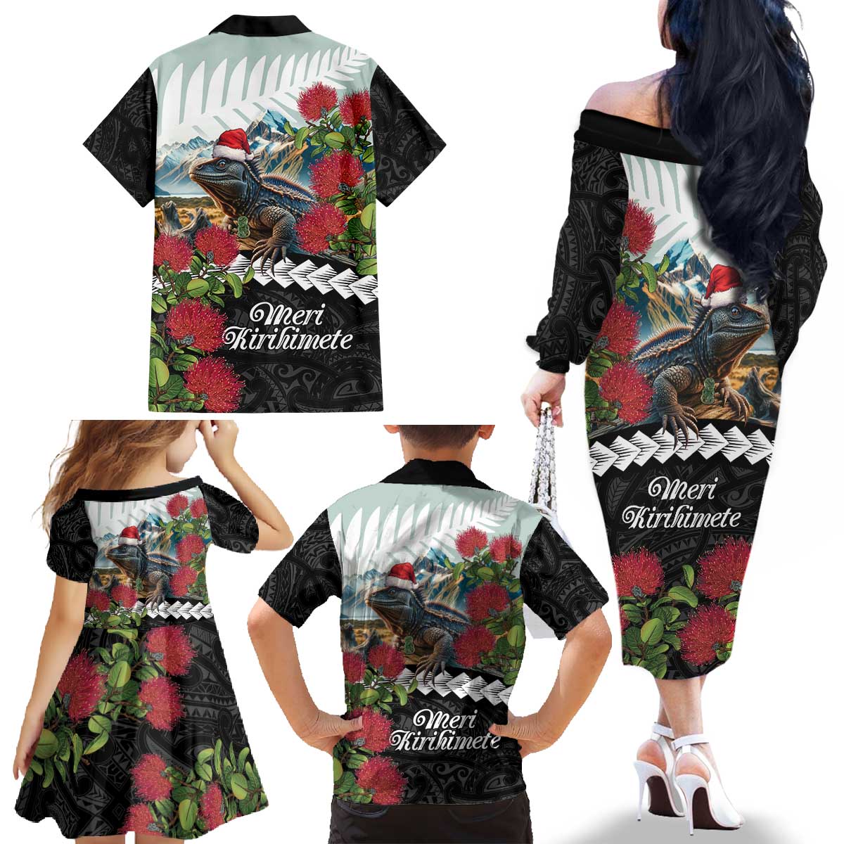 Meri Kirihimete Tuatara Family Matching Off The Shoulder Long Sleeve Dress and Hawaiian Shirt New Zealand Fern with Puhutukawa Flowers LT9 - Polynesian Pride