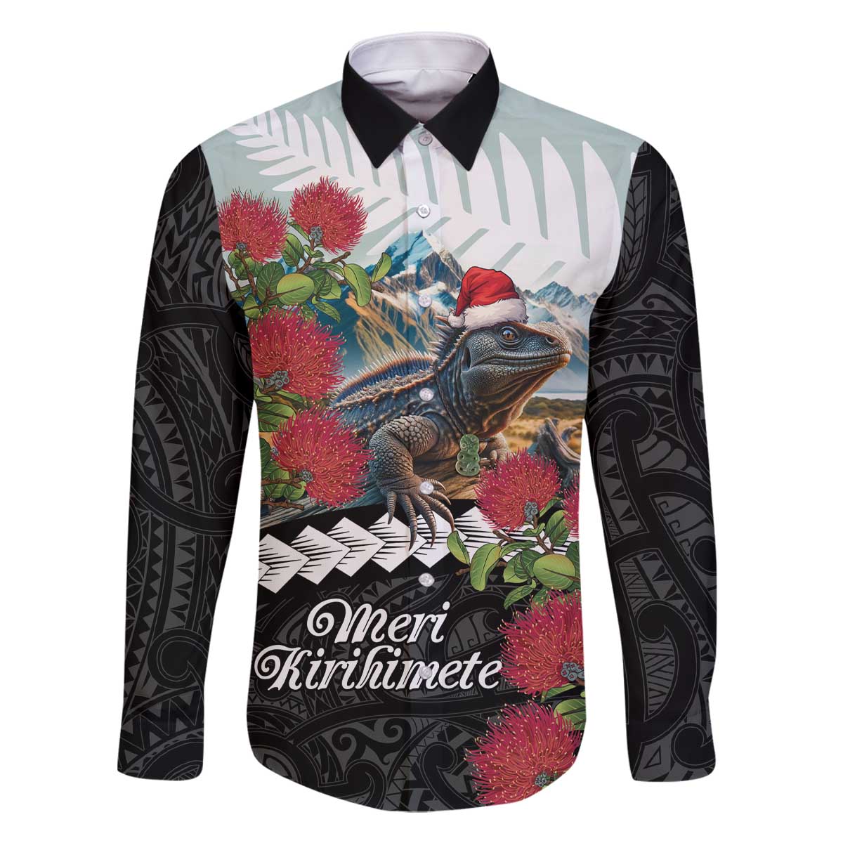 Meri Kirihimete Tuatara Family Matching Off The Shoulder Long Sleeve Dress and Hawaiian Shirt New Zealand Fern with Puhutukawa Flowers LT9 Dad's Shirt - Long Sleeve Green - Polynesian Pride