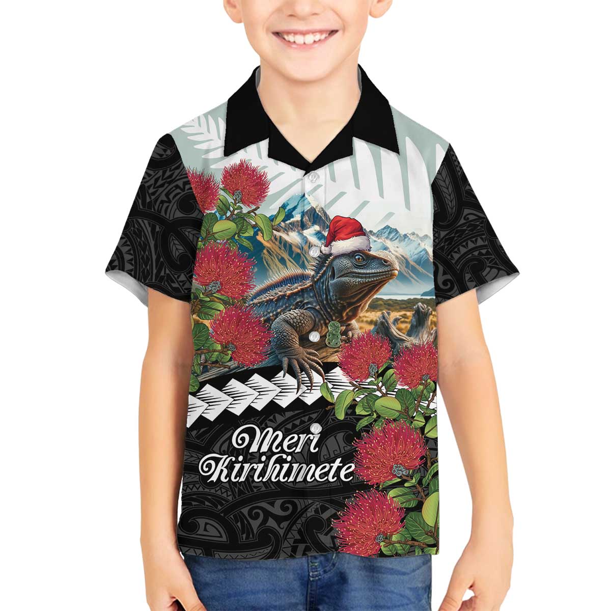 Meri Kirihimete Tuatara Family Matching Off The Shoulder Long Sleeve Dress and Hawaiian Shirt New Zealand Fern with Puhutukawa Flowers LT9 Son's Shirt Green - Polynesian Pride