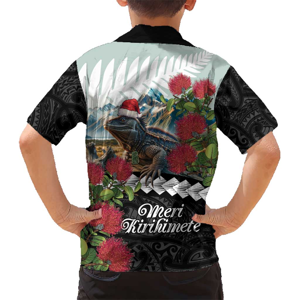 Meri Kirihimete Tuatara Family Matching Short Sleeve Bodycon Dress and Hawaiian Shirt New Zealand Fern with Puhutukawa Flowers LT9 - Polynesian Pride