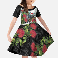 Meri Kirihimete Tuatara Family Matching Short Sleeve Bodycon Dress and Hawaiian Shirt New Zealand Fern with Puhutukawa Flowers LT9 Daughter's Dress Green - Polynesian Pride
