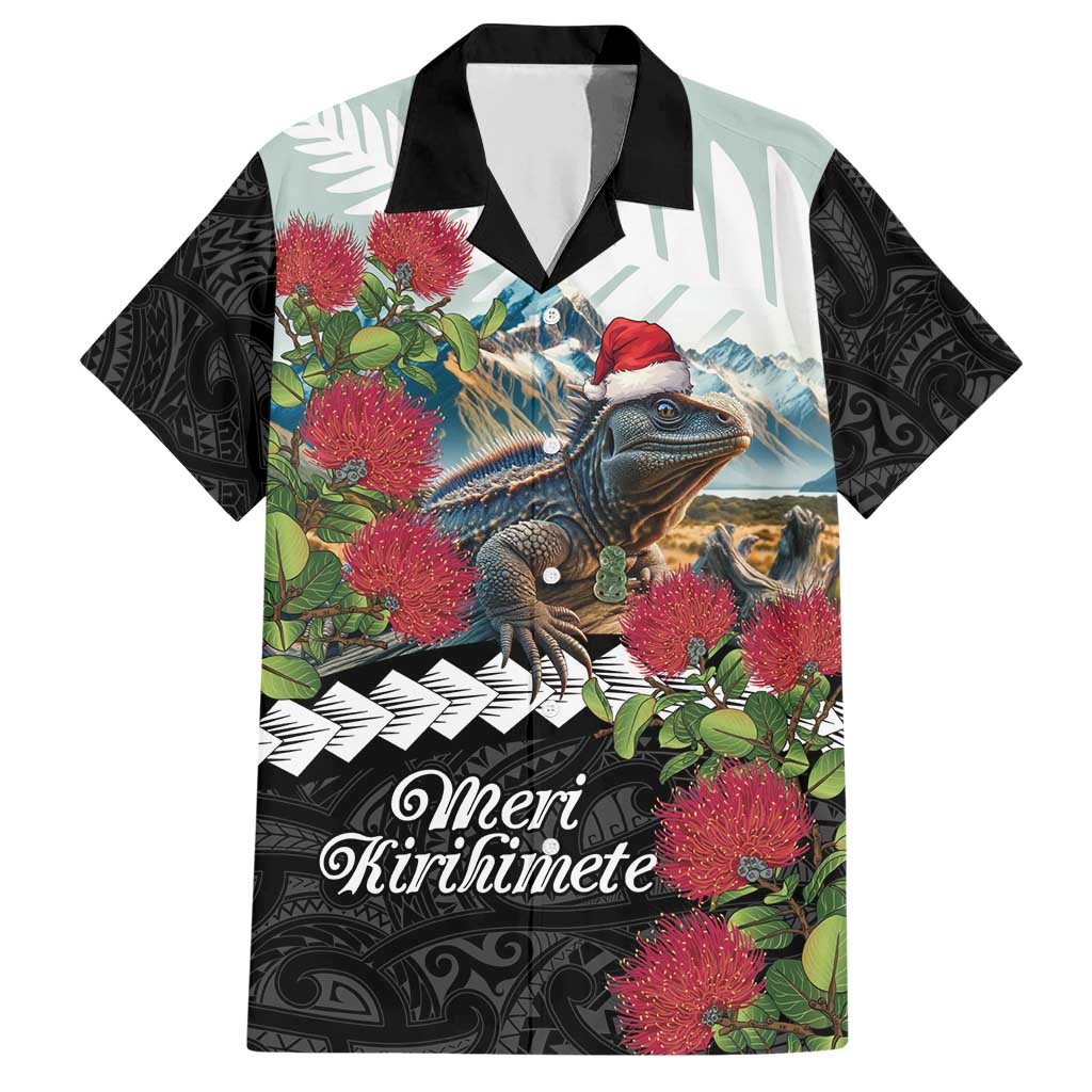 Meri Kirihimete Tuatara Family Matching Short Sleeve Bodycon Dress and Hawaiian Shirt New Zealand Fern with Puhutukawa Flowers LT9 Dad's Shirt - Short Sleeve Green - Polynesian Pride