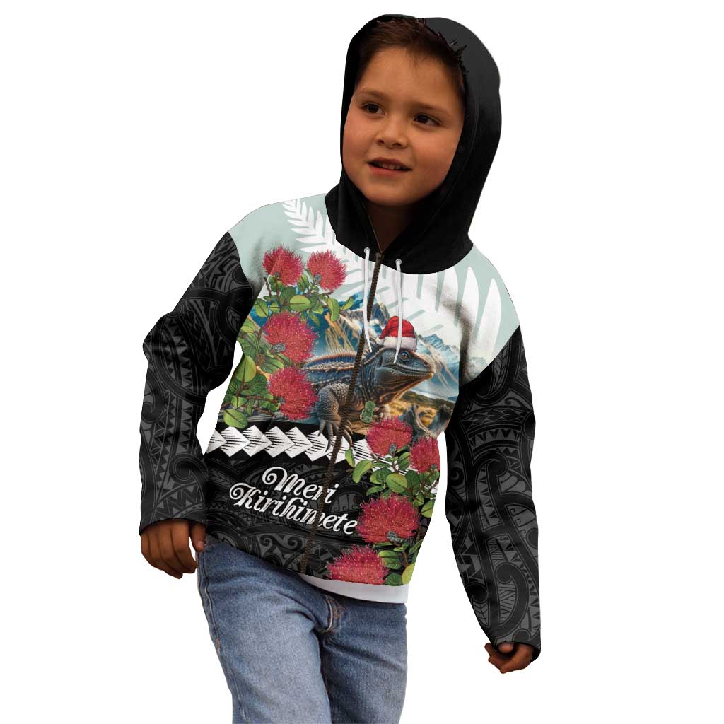 Meri Kirihimete Tuatara Kid Hoodie New Zealand Fern with Puhutukawa Flowers