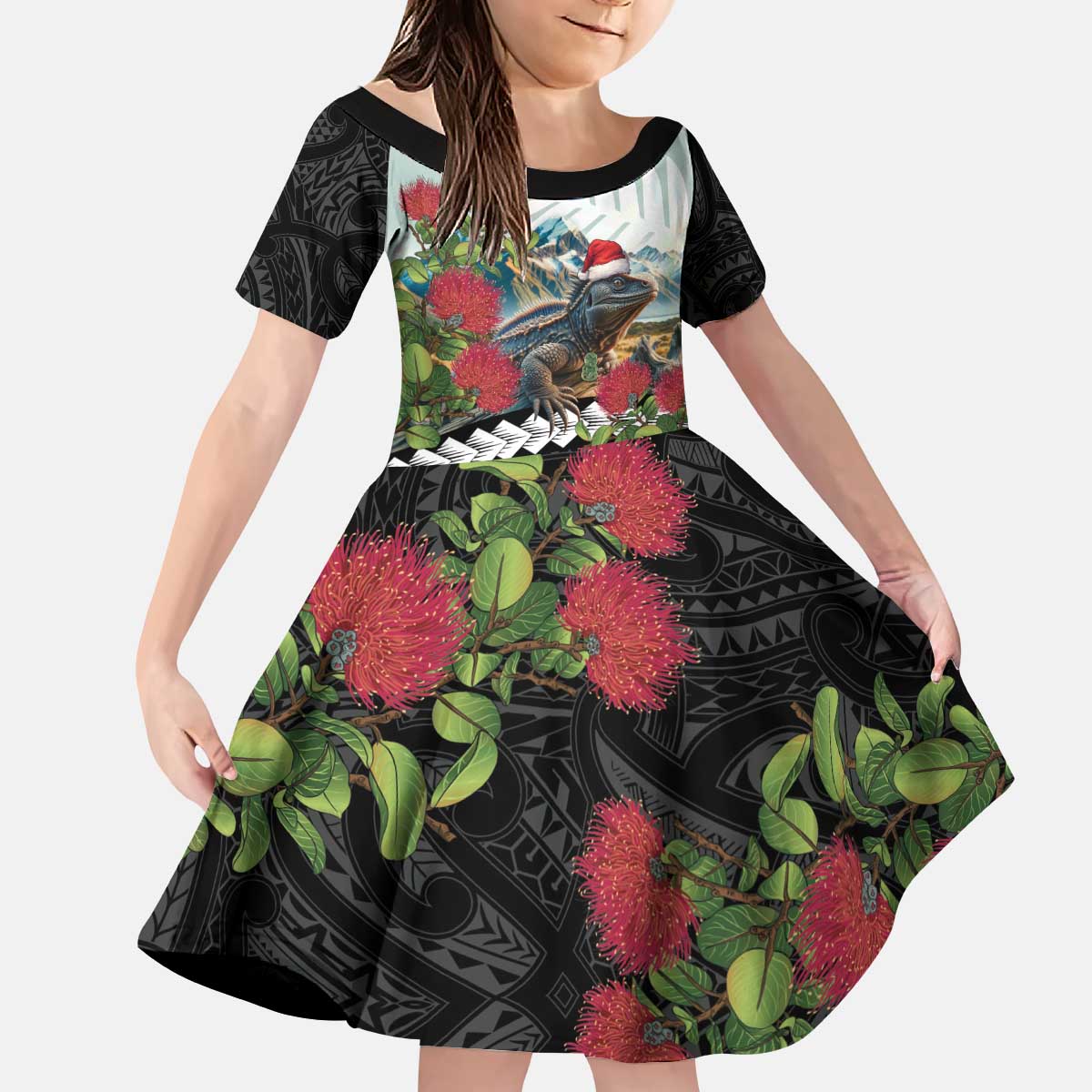 Meri Kirihimete Tuatara Kid Short Sleeve Dress New Zealand Fern with Puhutukawa Flowers