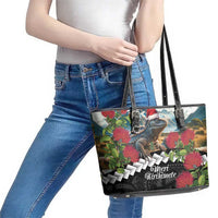 Meri Kirihimete Tuatara Leather Tote Bag New Zealand Fern with Puhutukawa Flowers LT9 - Polynesian Pride