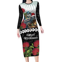 Meri Kirihimete Tuatara Long Sleeve Bodycon Dress New Zealand Fern with Puhutukawa Flowers LT9 Long Dress Green - Polynesian Pride