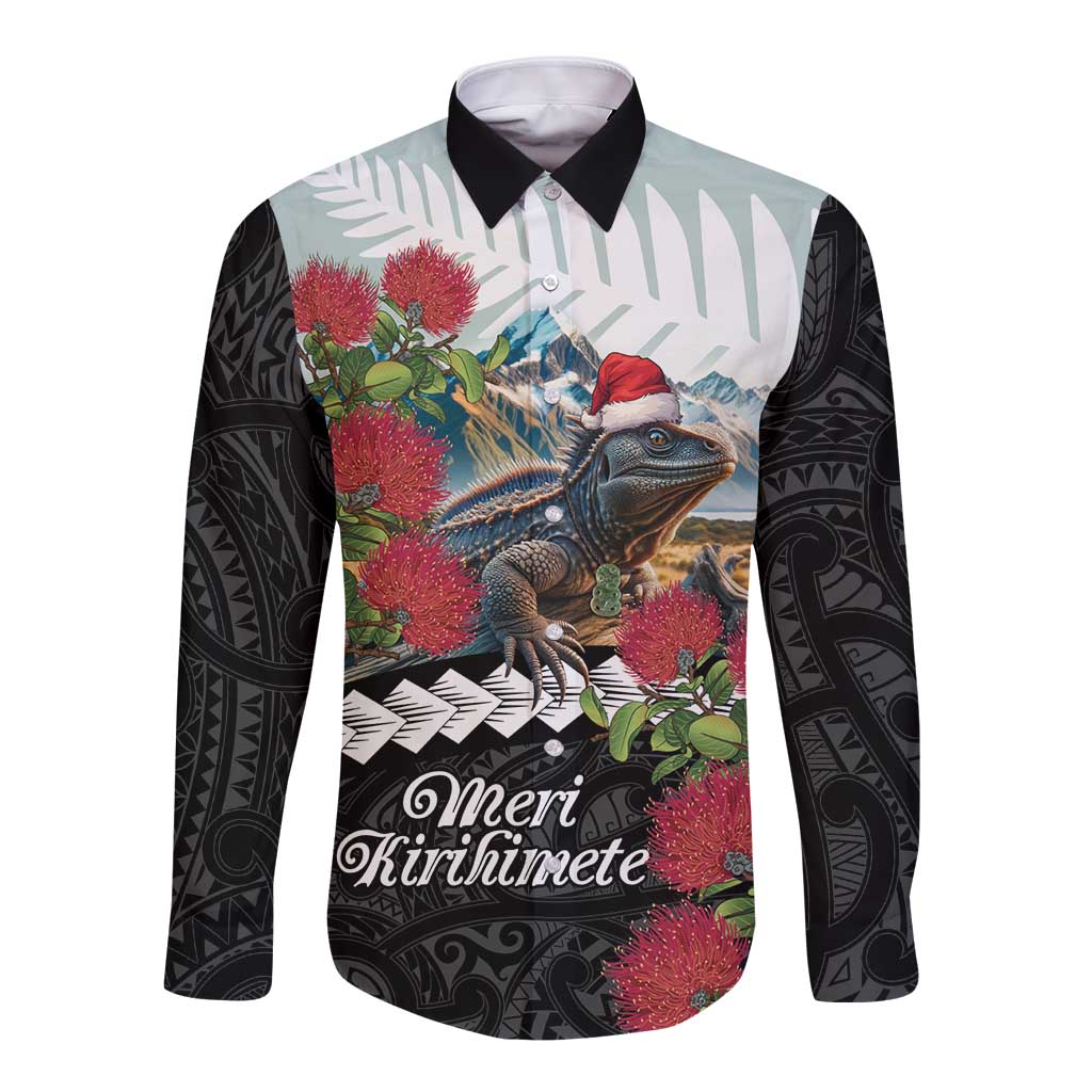 Meri Kirihimete Tuatara Long Sleeve Button Shirt New Zealand Fern with Puhutukawa Flowers