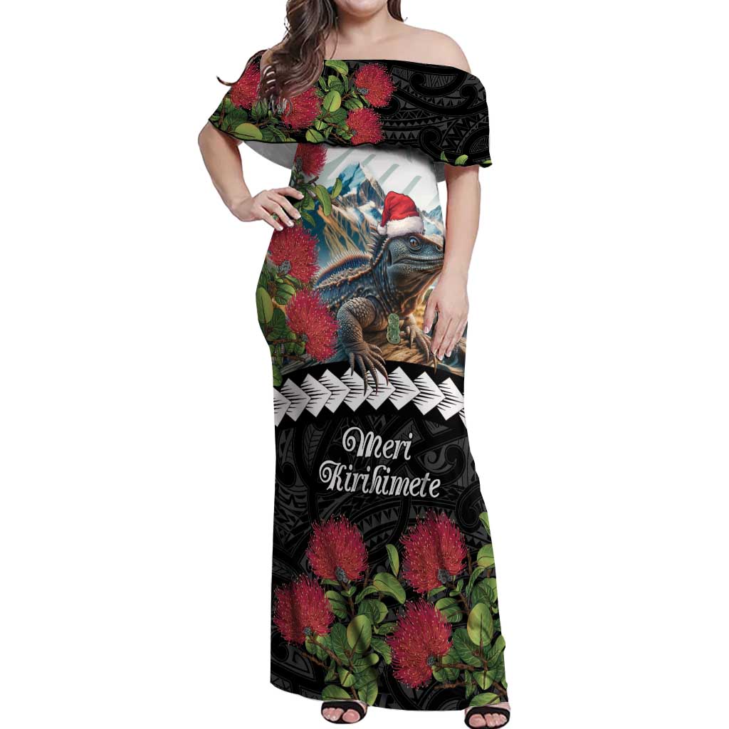 Meri Kirihimete Tuatara Off Shoulder Maxi Dress New Zealand Fern with Puhutukawa Flowers