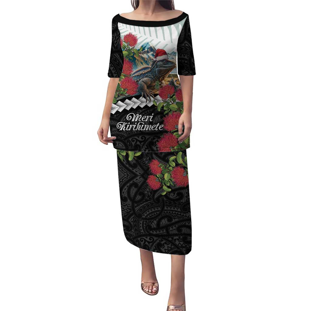 Meri Kirihimete Tuatara Puletasi New Zealand Fern with Puhutukawa Flowers LT9 Long Dress Green - Polynesian Pride