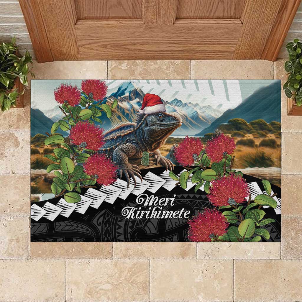 Meri Kirihimete Tuatara Rubber Doormat New Zealand Fern with Puhutukawa Flowers LT9 Green - Polynesian Pride