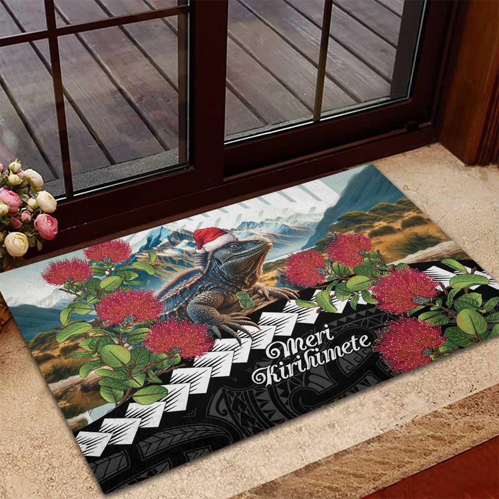Meri Kirihimete Tuatara Rubber Doormat New Zealand Fern with Puhutukawa Flowers LT9 - Polynesian Pride