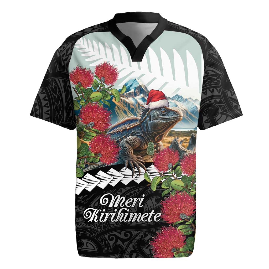 Meri Kirihimete Tuatara Rugby Jersey New Zealand Fern with Puhutukawa Flowers