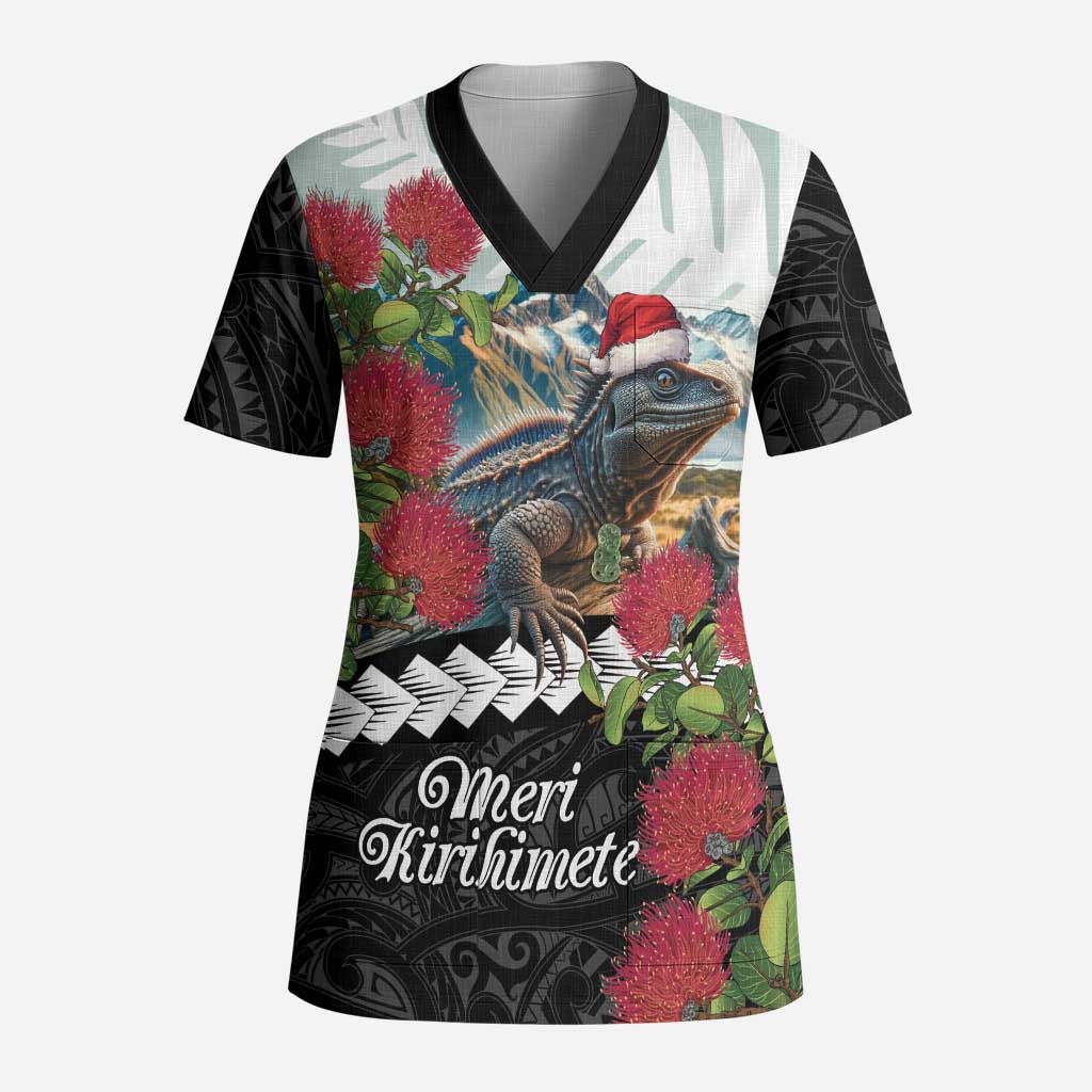 Meri Kirihimete Tuatara Scrub Top New Zealand Fern with Puhutukawa Flowers - Polynesian Pride