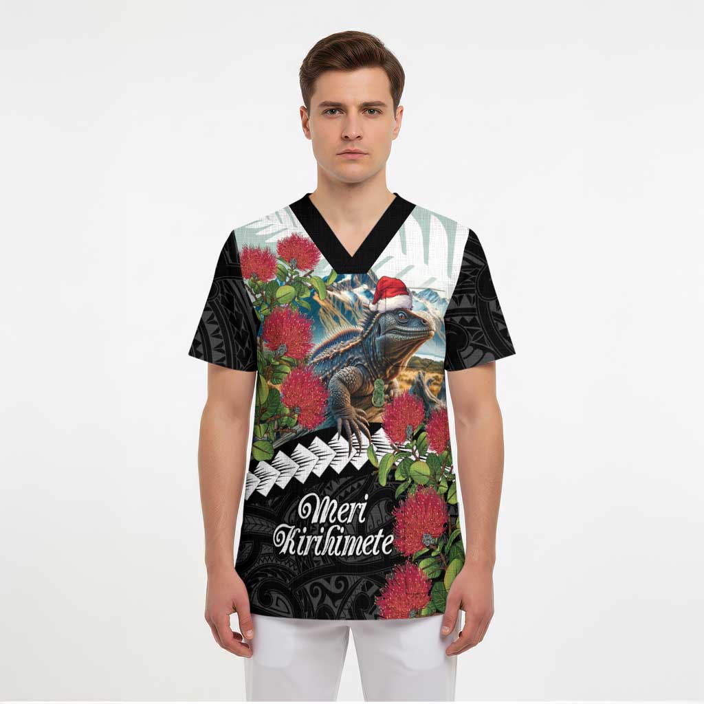 Meri Kirihimete Tuatara Scrub Top New Zealand Fern with Puhutukawa Flowers - Polynesian Pride