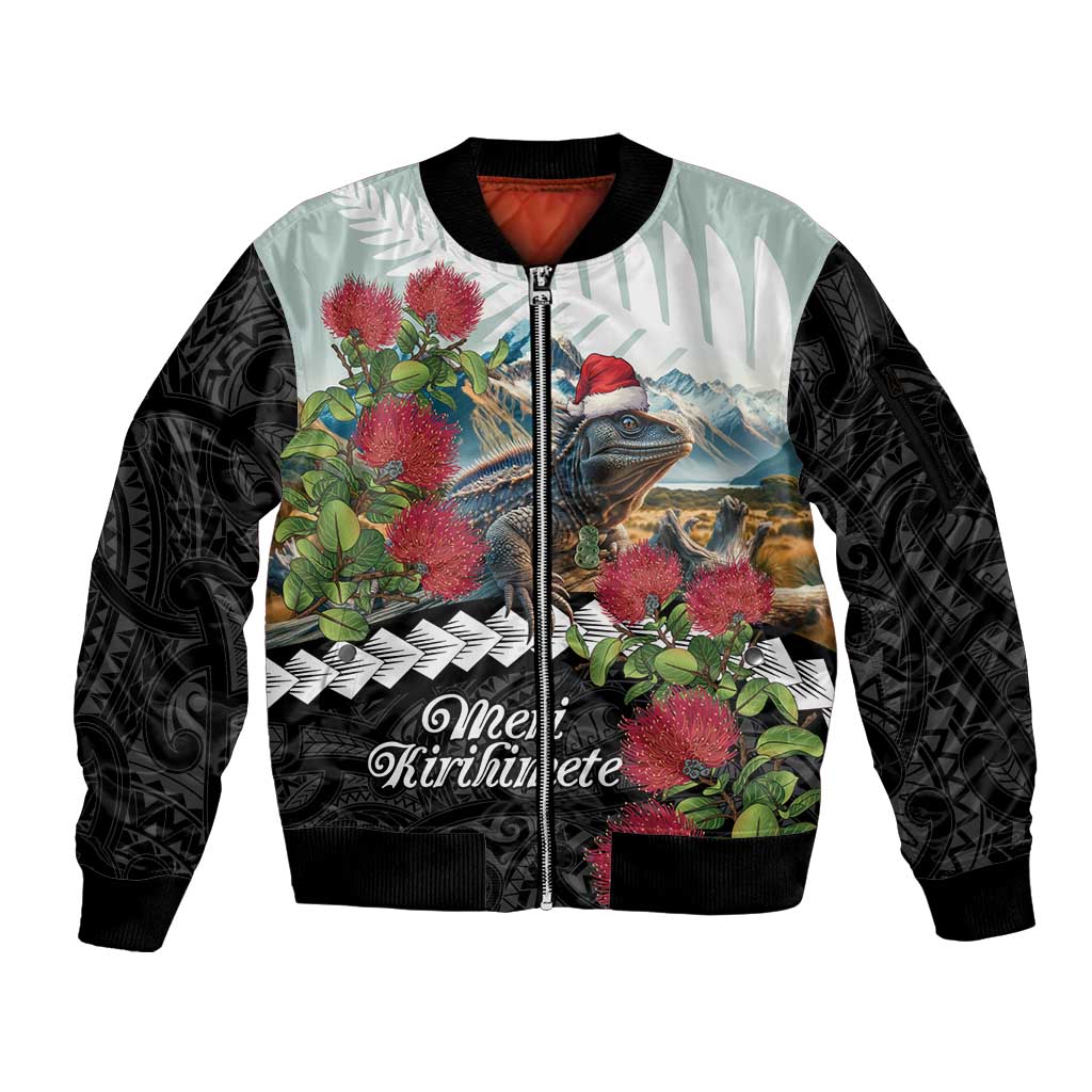 Meri Kirihimete Tuatara Sleeve Zip Bomber Jacket New Zealand Fern with Puhutukawa Flowers