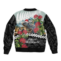 Meri Kirihimete Tuatara Sleeve Zip Bomber Jacket New Zealand Fern with Puhutukawa Flowers LT9 - Polynesian Pride