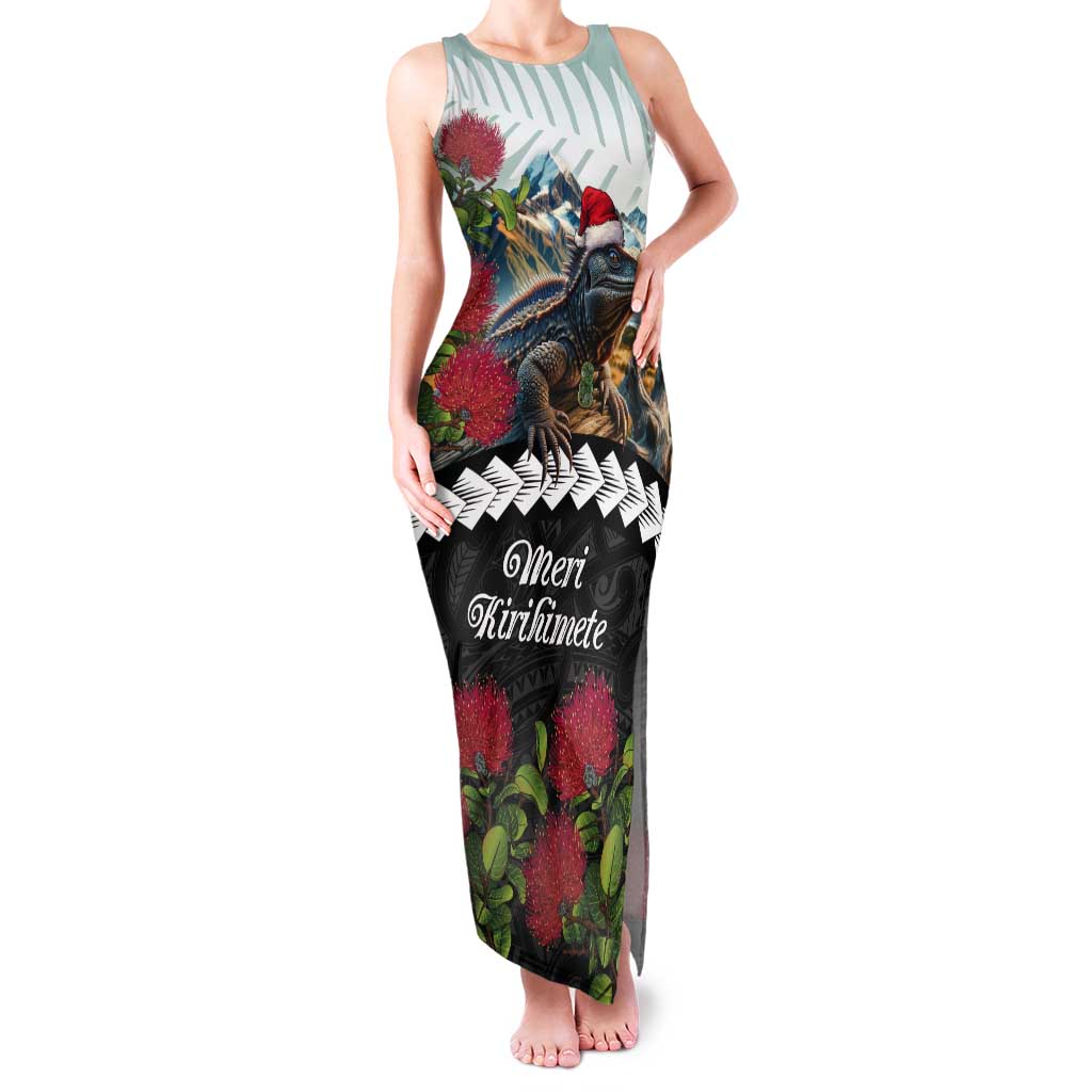 Meri Kirihimete Tuatara Tank Maxi Dress New Zealand Fern with Puhutukawa Flowers