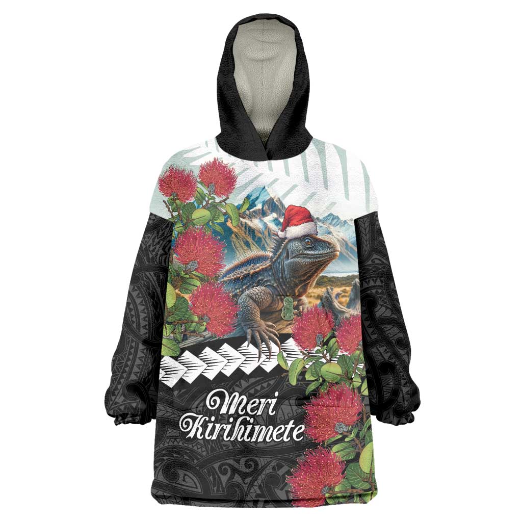 Meri Kirihimete Tuatara Wearable Blanket Hoodie New Zealand Fern with Puhutukawa Flowers