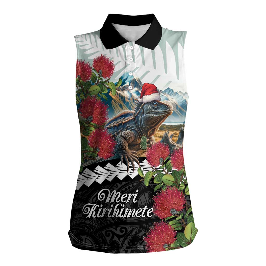 Meri Kirihimete Tuatara Women Sleeveless Polo Shirt New Zealand Fern with Puhutukawa Flowers LT9 Female Green - Polynesian Pride