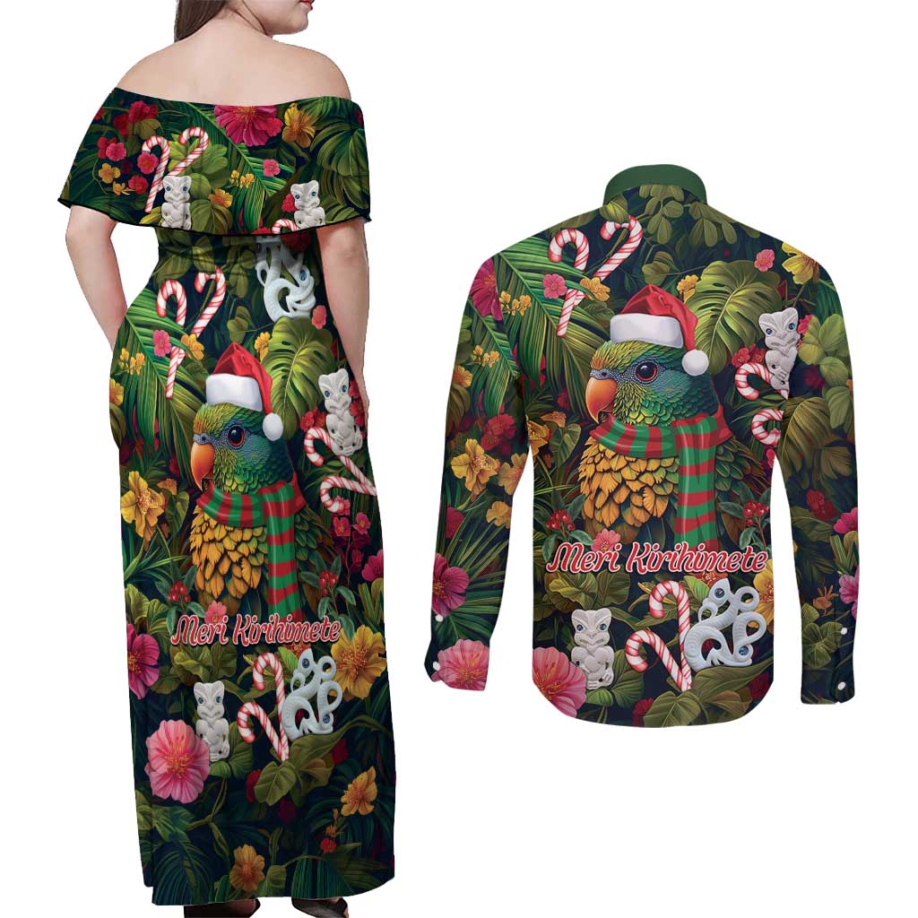 Meri Kirihimete Kakapo Santa Couples Matching Off Shoulder Maxi Dress and Long Sleeve Button Shirt Merry Christmas with Tropical Vibe LT9 - Polynesian Pride