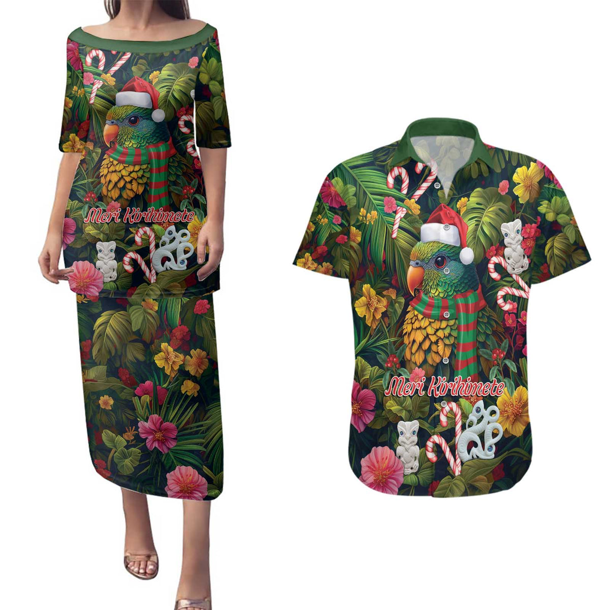 Meri Kirihimete Kakapo Santa Couples Matching Puletasi and Hawaiian Shirt Merry Christmas with Tropical Vibe LT9 Green - Polynesian Pride