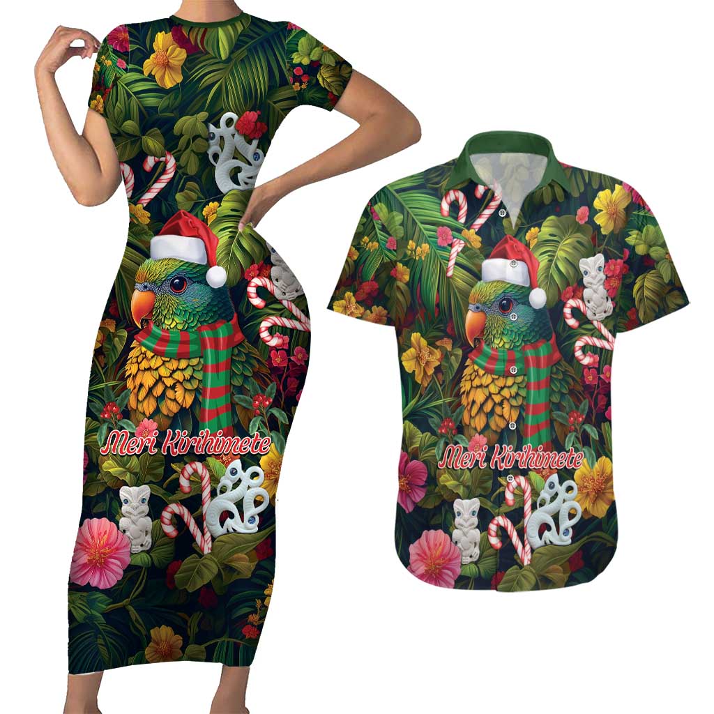 Meri Kirihimete Kakapo Santa Couples Matching Short Sleeve Bodycon Dress and Hawaiian Shirt Merry Christmas with Tropical Vibe