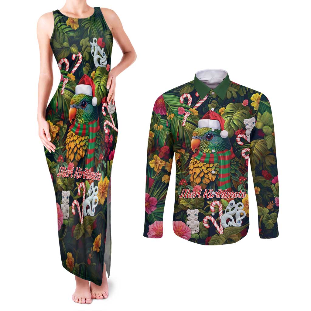 Meri Kirihimete Kakapo Santa Couples Matching Tank Maxi Dress and Long Sleeve Button Shirt Merry Christmas with Tropical Vibe LT9 Green - Polynesian Pride