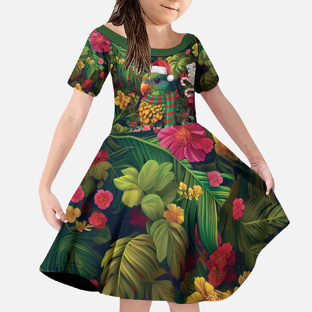 Meri Kirihimete Kakapo Santa Family Matching Long Sleeve Bodycon Dress and Hawaiian Shirt Merry Christmas with Tropical Vibe LT9 Daughter's Dress Green - Polynesian Pride
