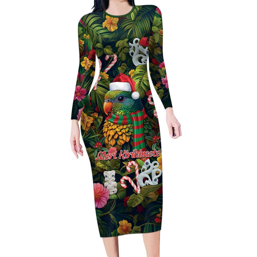 Meri Kirihimete Kakapo Santa Family Matching Long Sleeve Bodycon Dress and Hawaiian Shirt Merry Christmas with Tropical Vibe LT9 Mom's Dress Green - Polynesian Pride