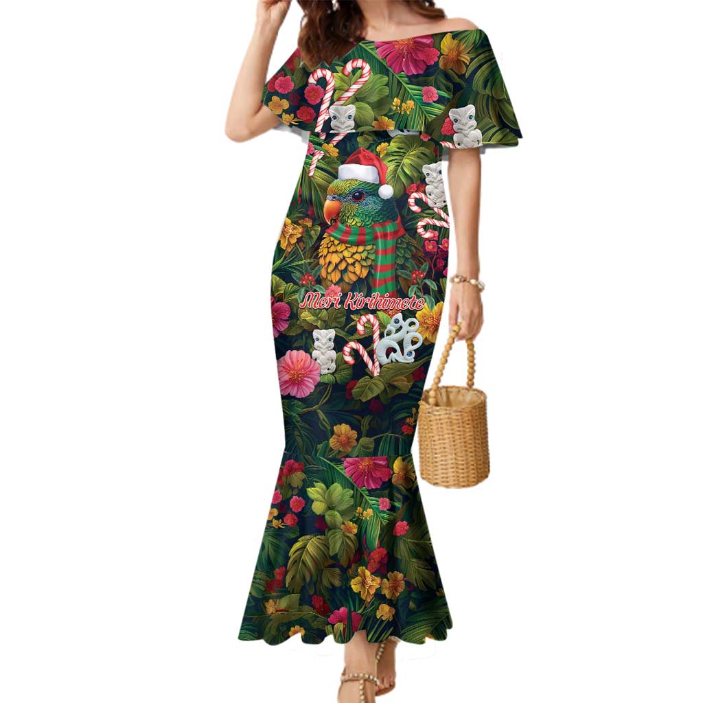 Meri Kirihimete Kakapo Santa Family Matching Mermaid Dress and Hawaiian Shirt Merry Christmas with Tropical Vibe LT9 Mom's Dress Green - Polynesian Pride