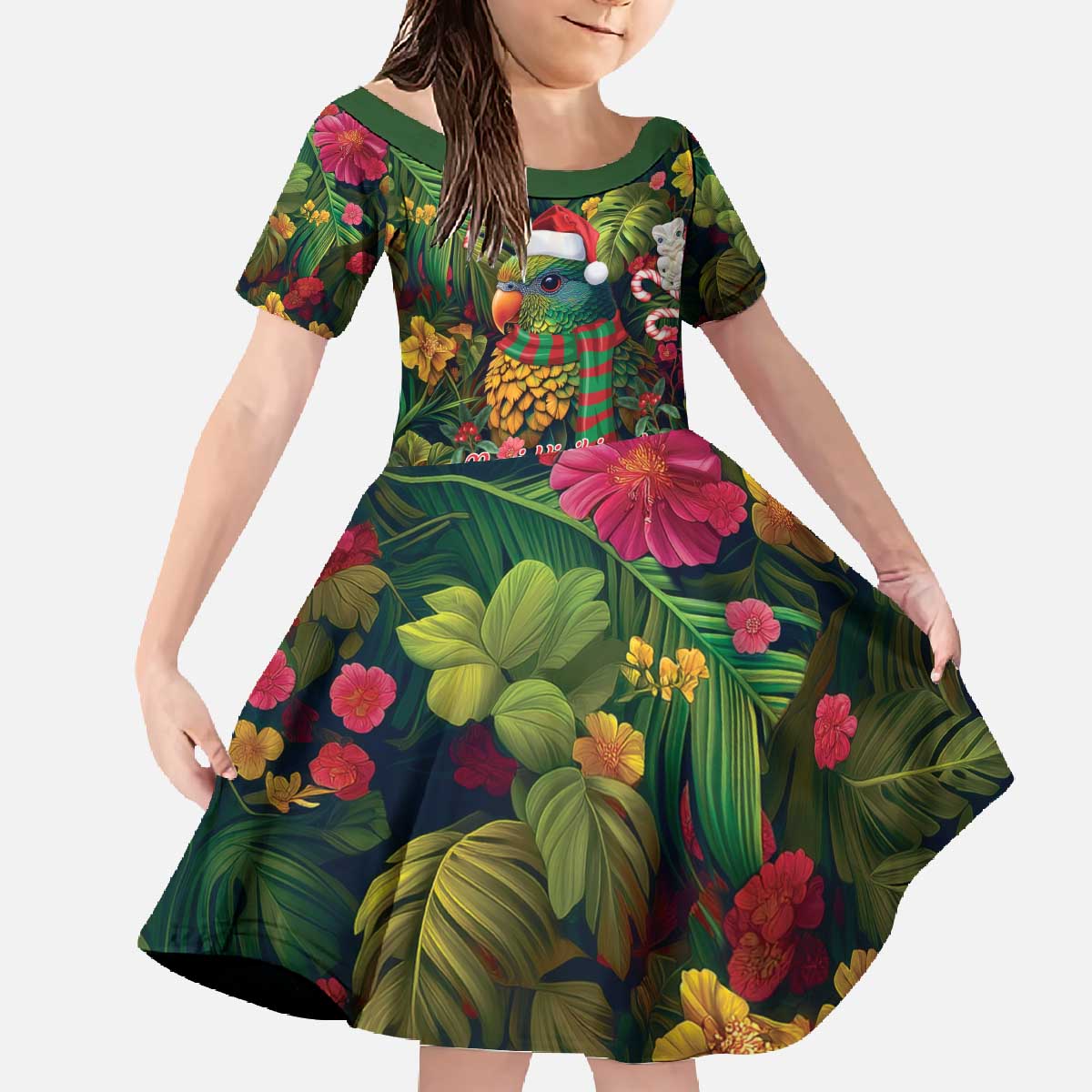 Meri Kirihimete Kakapo Santa Family Matching Off The Shoulder Long Sleeve Dress and Hawaiian Shirt Merry Christmas with Tropical Vibe LT9 Daughter's Dress Green - Polynesian Pride