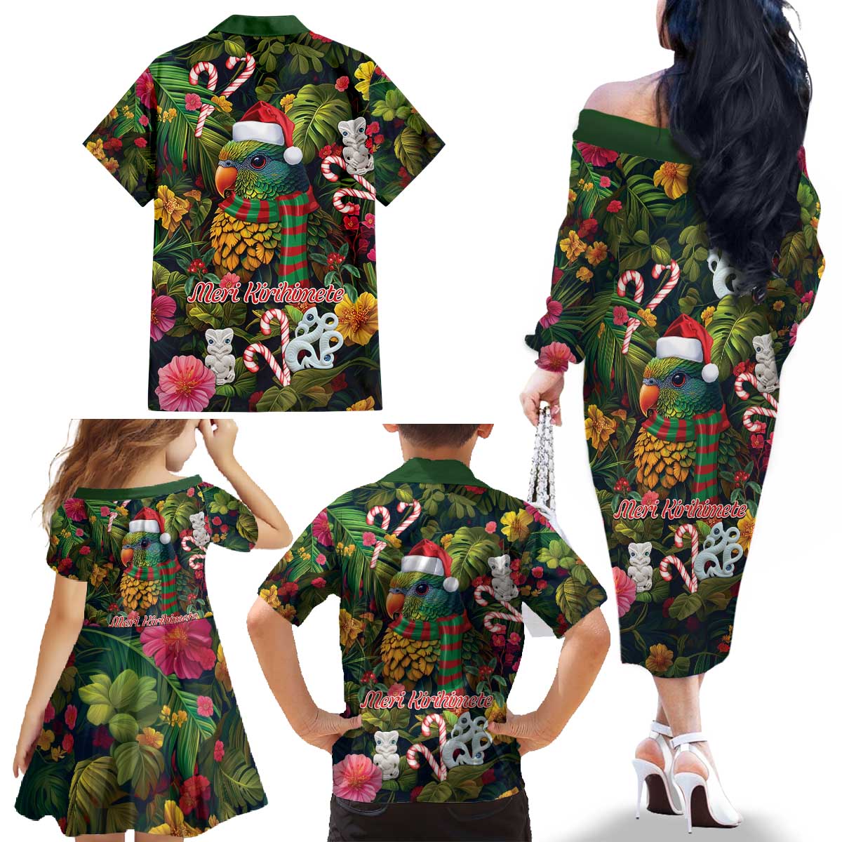 Meri Kirihimete Kakapo Santa Family Matching Off The Shoulder Long Sleeve Dress and Hawaiian Shirt Merry Christmas with Tropical Vibe LT9 - Polynesian Pride
