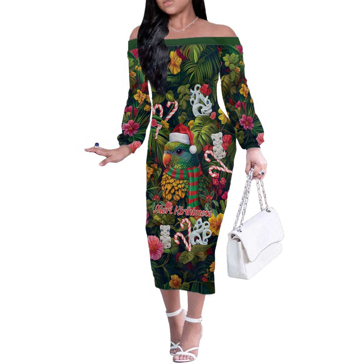 Meri Kirihimete Kakapo Santa Family Matching Off The Shoulder Long Sleeve Dress and Hawaiian Shirt Merry Christmas with Tropical Vibe LT9 Mom's Dress Green - Polynesian Pride