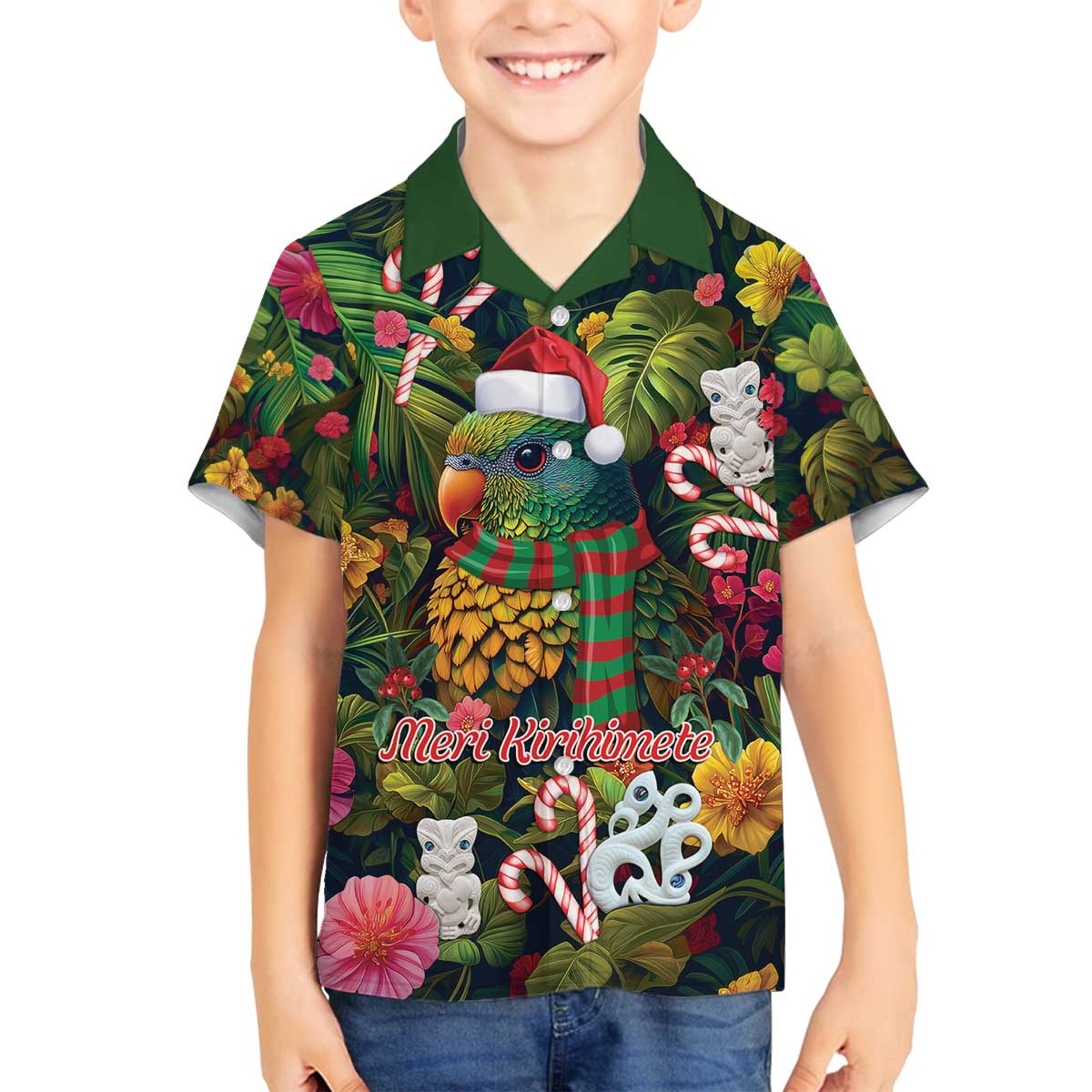 Meri Kirihimete Kakapo Santa Family Matching Off The Shoulder Long Sleeve Dress and Hawaiian Shirt Merry Christmas with Tropical Vibe LT9 Son's Shirt Green - Polynesian Pride